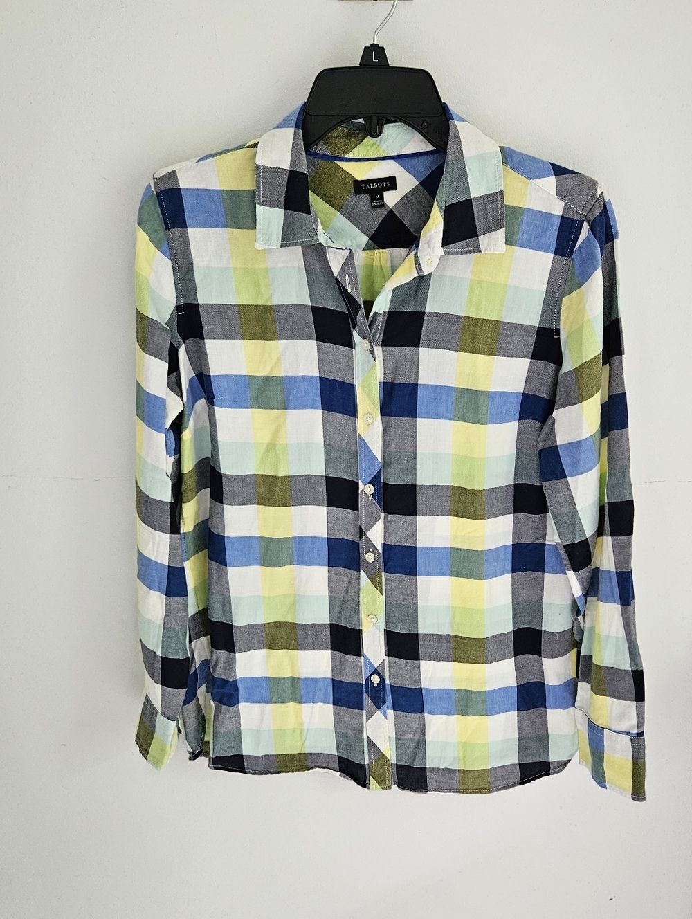 Talbots Plaid Button Down Shirt Blue, Green, Yellow